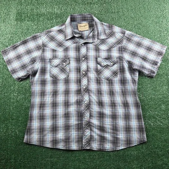 Wrangler Western Fashion Snap Shirt Mens XL Plaid Grey Blue Short Sleeve WM971BK - Picture 2 of 6
